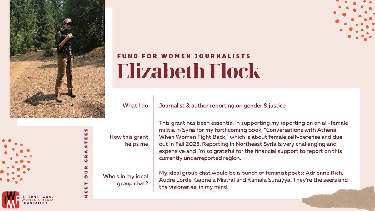 Meet our #IWMFgrantee <a href="/lizflock/">Elizabeth Flock</a>! ⬇️

She is doing long-term reporting on the all-women militia &amp; women's revolution in Northeast Syria. Read her story about “science of women” classes spreading in the Kurdish-held region: foreignpolicy.com/2022/07/18/jin…