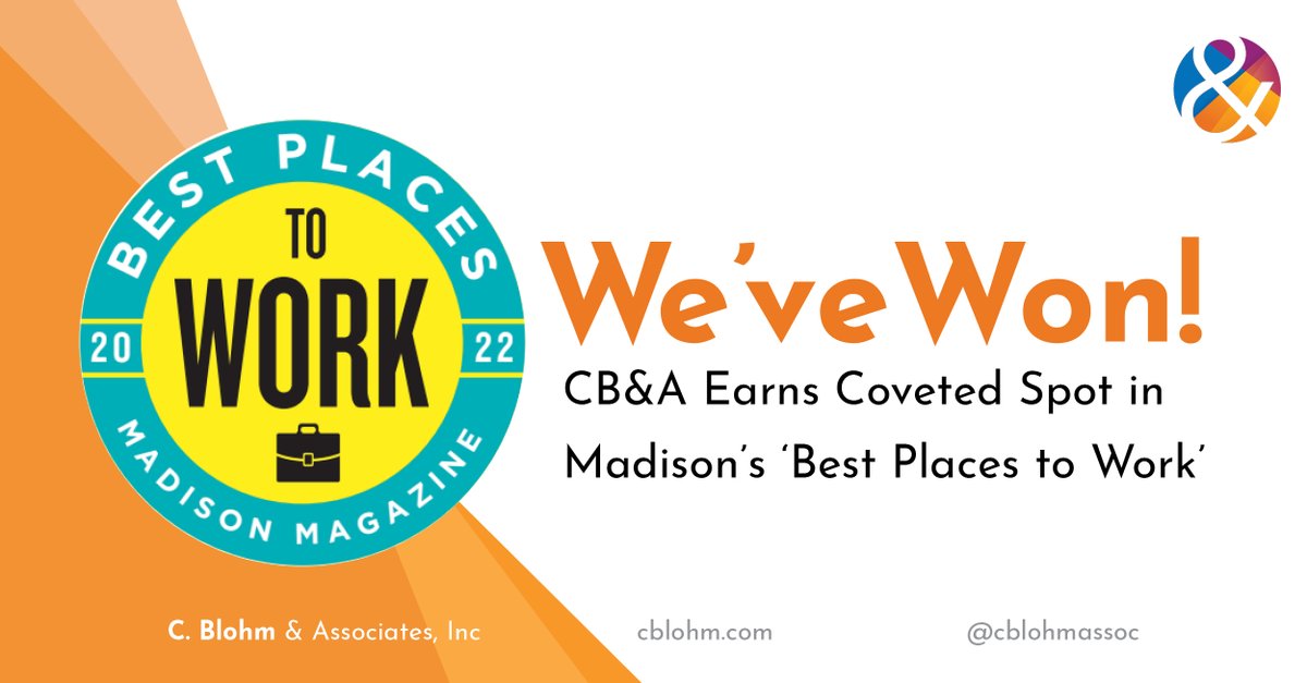 CBlohmAssoc's tweet image. We’re proud to share that Madison Magazine has recognized CB&amp;amp;A once again on its Best Places to Work list.

Here are three reasons why our employees love working at CB&amp;amp;A 🧡💙: hubs.ly/Q01mWPsh0 

#edmarketing #companyculture