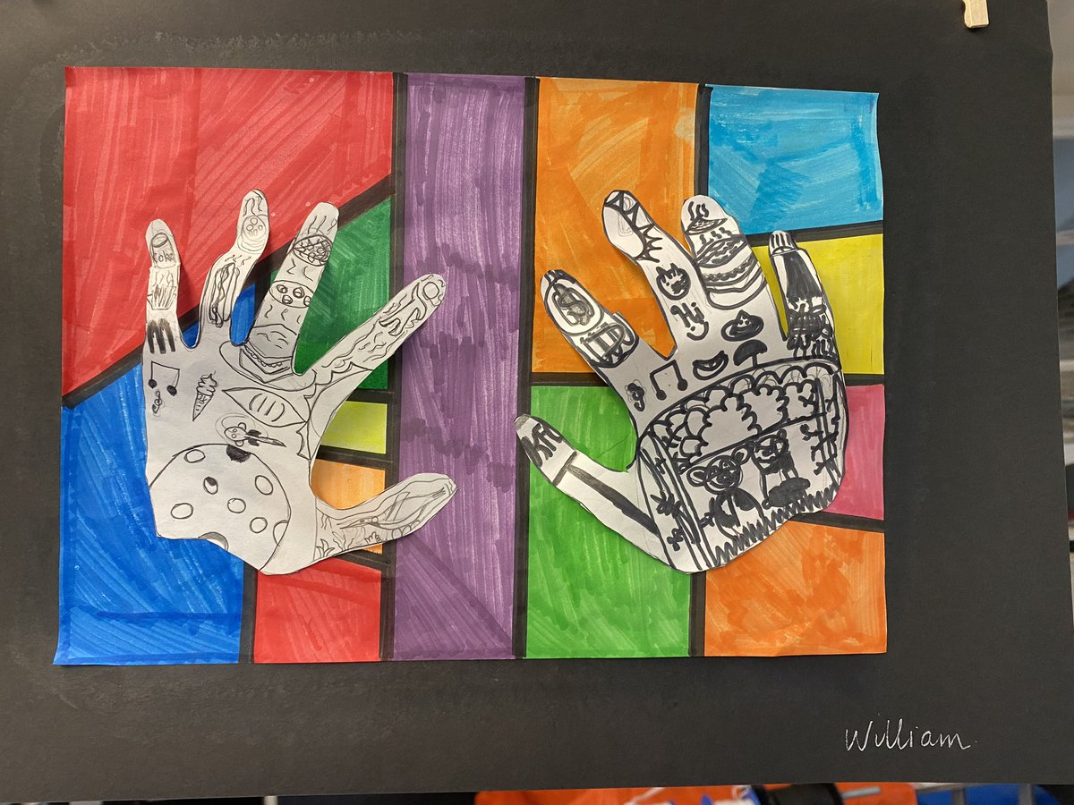 TerreyHillsPS's tweet photo. We all express ourselves in different ways. Some through our actions, some through words and some through art. Here are a few student’s examples of #TedHarrison pieces with metaphor and simile texts as well as hand art pieces sharing their life story. https://t.co/FbRDA8HzZb