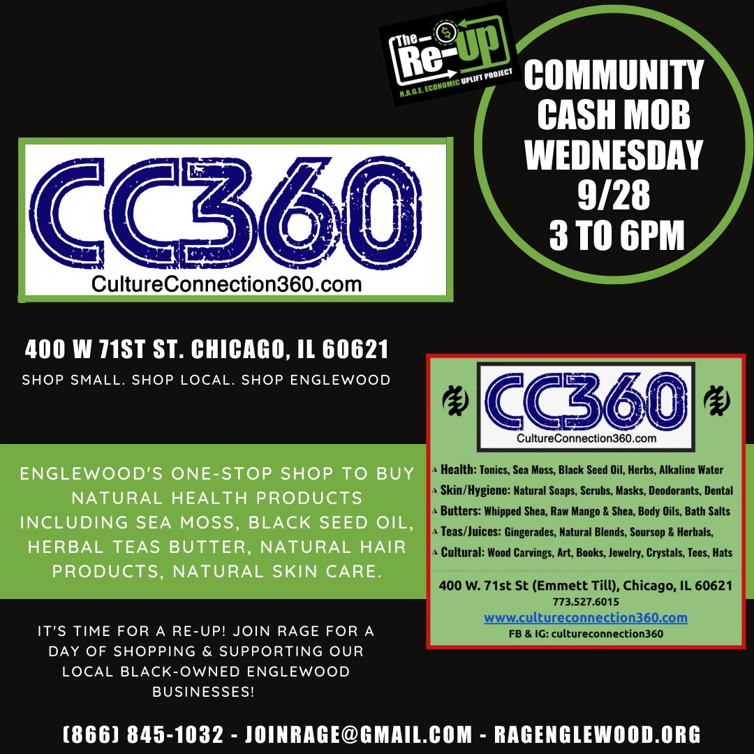 Join_RAGE's tweet photo. Englewood, Let's go shopping! On September 28th, join us at 71st &amp; Stewart in Chicago, IL as we cash mob three Black-owned businesses. From 3pm to 6pm, get ready to spend your money with purpose and support the community. #CashMob #Englewood #ReUp #ReUpEnglewood https://t.co/sn40HByd0n