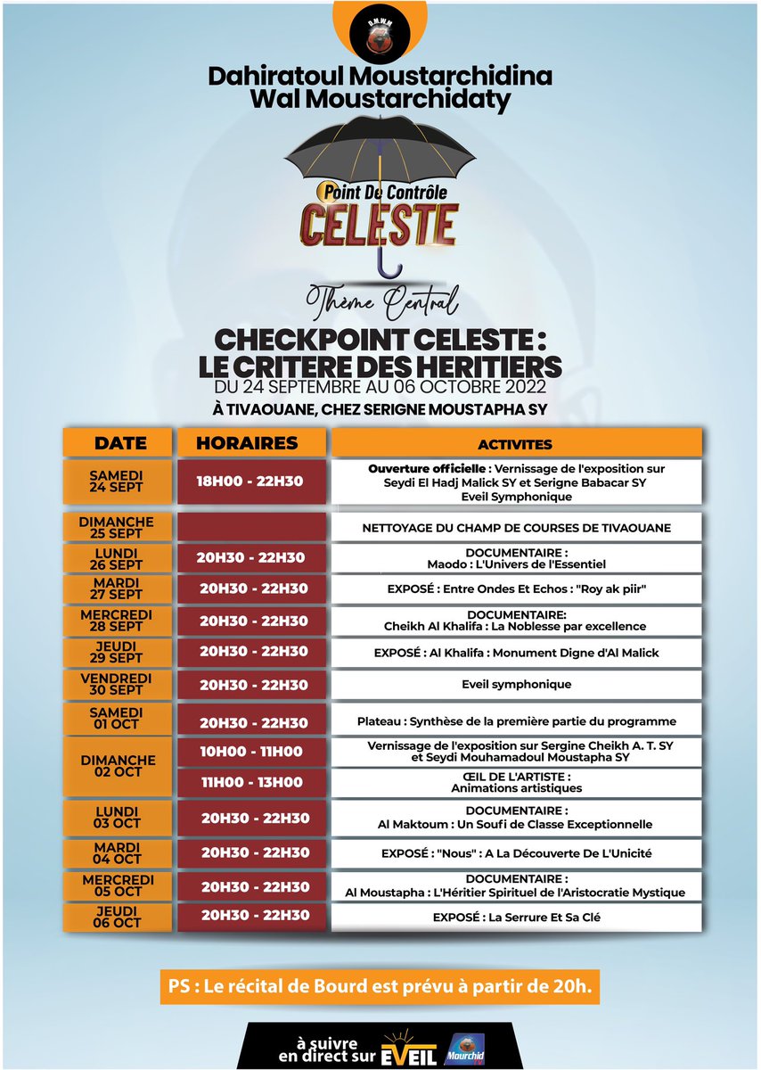 coliseedeleveil's tweet photo. « Un champ céleste est un champ de bataille. On y laisse sa vie ou du moins le confort de sa vie ». 

Pendant deux semaines, Tivaoune, la ville de Seydi El Hadji Malick Sy sera honorée par un programme riche en enseignements et en hommages.

#CheckPointCeleste
#Mawlid2022 https://t.co/CZg8QQdQ46