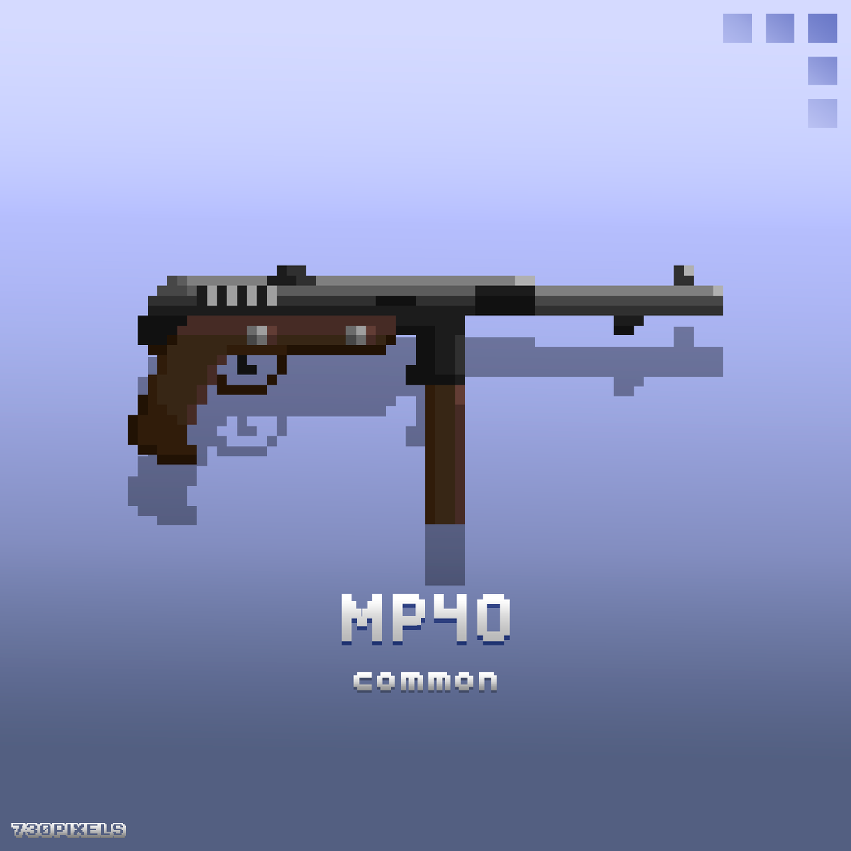 730pixels's tweet photo. MP-40 - Common.
It was a very popular submachine gun among Nazi Germany troops during World War II.

#pixelart #fanart #gamedev https://t.co/2UqAAP8zP6