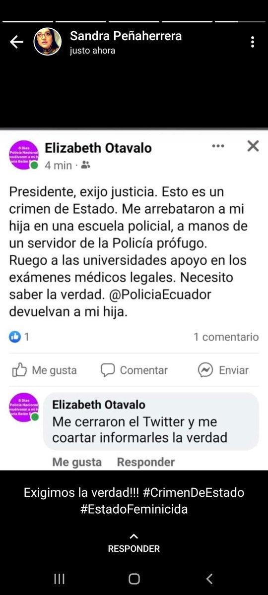 EmputeEC's tweet photo. 🚩 l URGENTE
DENUNCIAMOS que a @elizabethotaval mamá de #MaríaBelénBernal, le quitaron el acceso a su cuenta de Tw.
#Ecuador es un #EstadoFemicida que mandó trolles a desprestigiar a una víctima ahora tiene miedo de una madre que clama justicia.
#EstadoFeminicida #PolicíaCómplice https://t.co/UTPtXOcPie