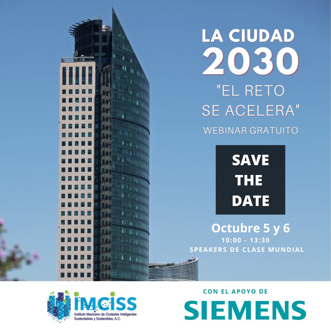 imciss's tweet photo. Te invitamos a nuestro evento virtual: LA CIUDAD 2030 "EL RETO SE ACELERA"

📅5 y 6 de octbre
⏰10:00 hrs. - 13:30 hrs.

En los siguientes días compartiremos el link de acceso.

¡Te esperamos!

#IMCISS #LaCiudad2030 https://t.co/ltZ1atlnyi