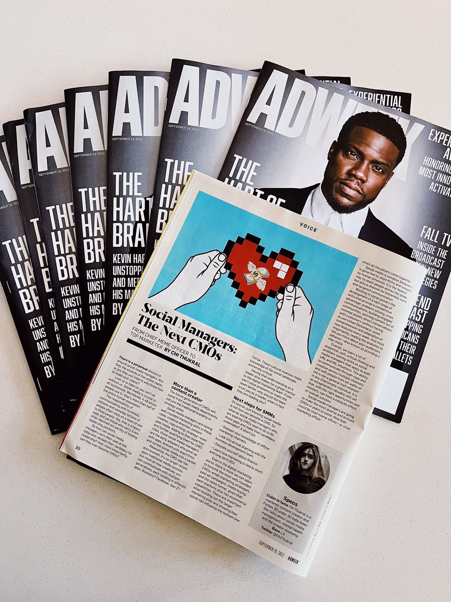 ChiThukral's tweet photo. social media managers are the next CMOs - a piece i wrote for @Adweek and it’s actually IN PRINT WTF 🤯😍

i cant believe i can hold my words and touch my name in a publication i have looked up to since i was in school. SO. SO. SO GRATEFUL 💛 https://t.co/JkW8ujzKdF