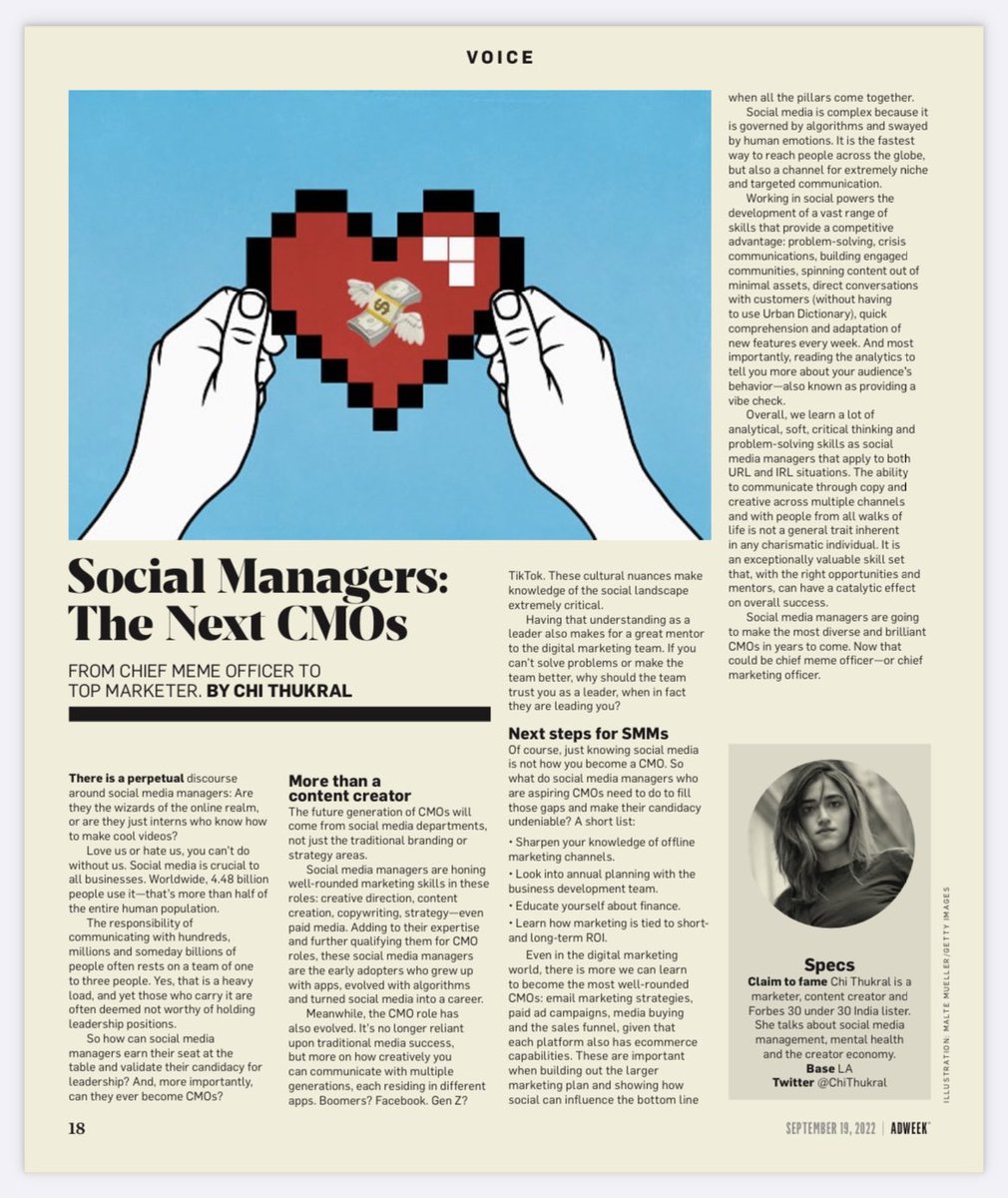 ChiThukral's tweet photo. social media managers are the next CMOs - a piece i wrote for @Adweek and it’s actually IN PRINT WTF 🤯😍

i cant believe i can hold my words and touch my name in a publication i have looked up to since i was in school. SO. SO. SO GRATEFUL 💛 https://t.co/JkW8ujzKdF