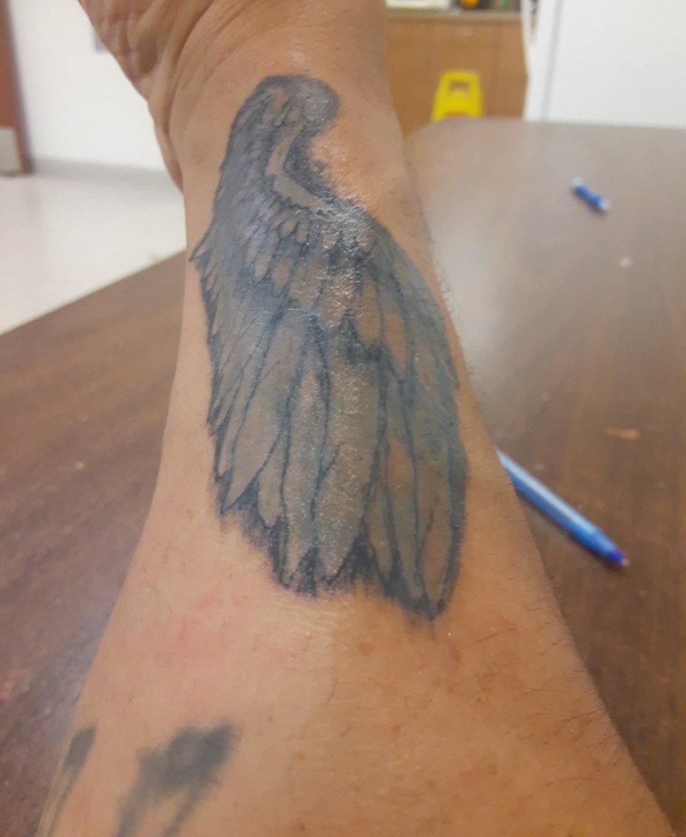 SPOTTEDWOLF1's tweet photo. Tattos of Angel wings on both sides of wrist I got. For the beautiful life I'm having. I miss my son tho, but time will heal. https://t.co/7nnaLFtOK8