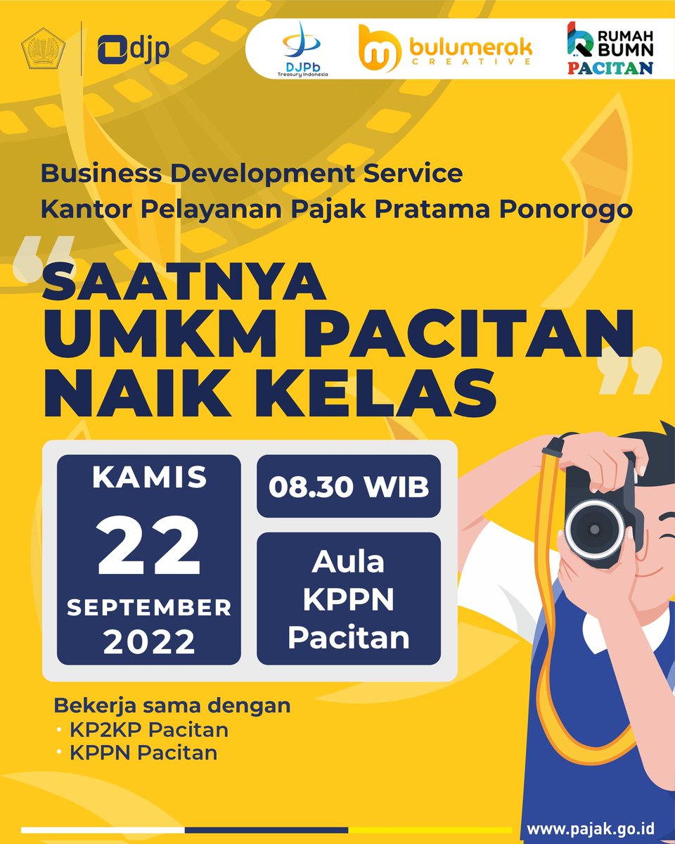 pajakponorogo's tweet image. KPP Pratama Ponorogo bekerja sama dengan KP2KP Pacitan dan KPPN Pacitan akan menyelenggarakan Business Development Service (BDS) dengan tema “Saatnya UMKM Pacitan Naik Kelas”. Yuk ikuti acara tersebut.

#BusinessDevelopmentService
#PajakKitaUntukKita
#PajakKuatIndonesiaMaju