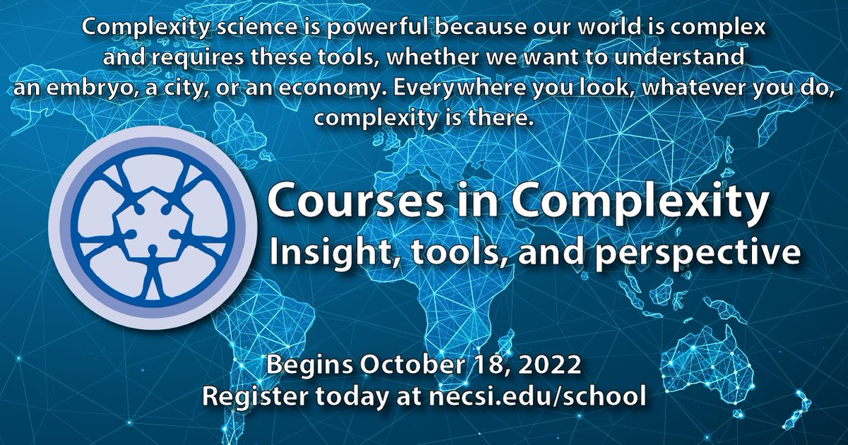 ICCS2018's tweet photo. Hierarchical organizations are failing. Complexity science teaches us why.

Discover new insights and tools to advance your current projects at our Fall 2022 Courses in Complexity. Work at your own pace. Register today. Sessions start 10/18/2022 https://t.co/hpNUWy751O https://t.co/gjSxxOXqKr