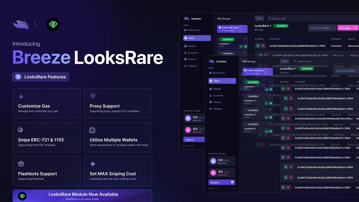 BreezeAIO's tweet photo. Introducing LooksRare 🍃

Another day...another module. Breeze now supports all mainstream marketplaces helping our users snipe their favorite NFTs with ease. https://t.co/OnwktmqojM