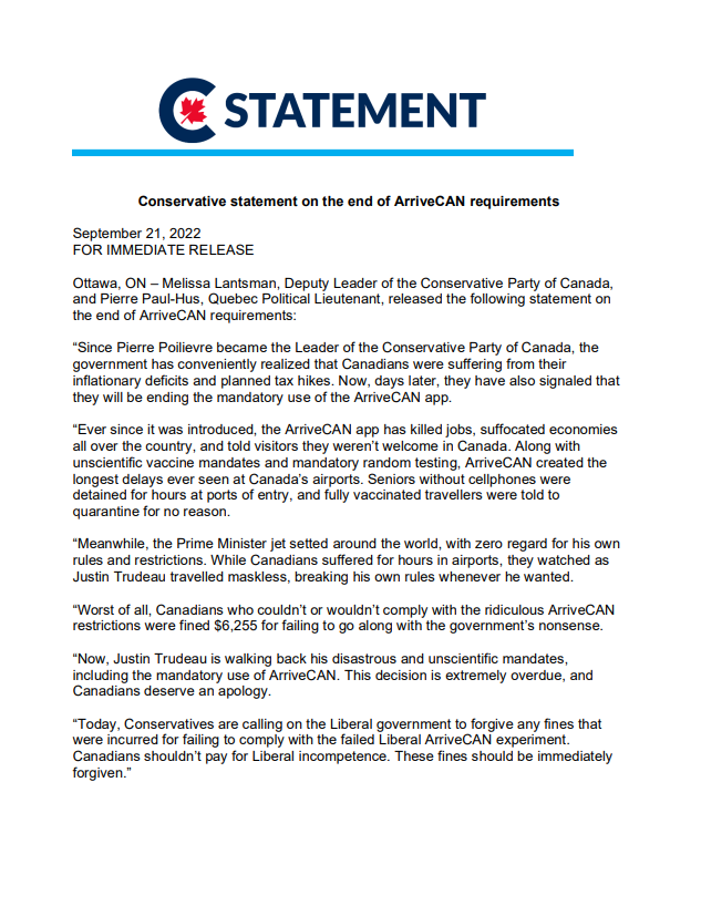 PierrePaulHus's tweet photo. Conservative statement on the end of #ArriveCAN requirements. @MelissaLantsman @CPC_HQ #cdnpoli https://t.co/mBMYMRnXPb