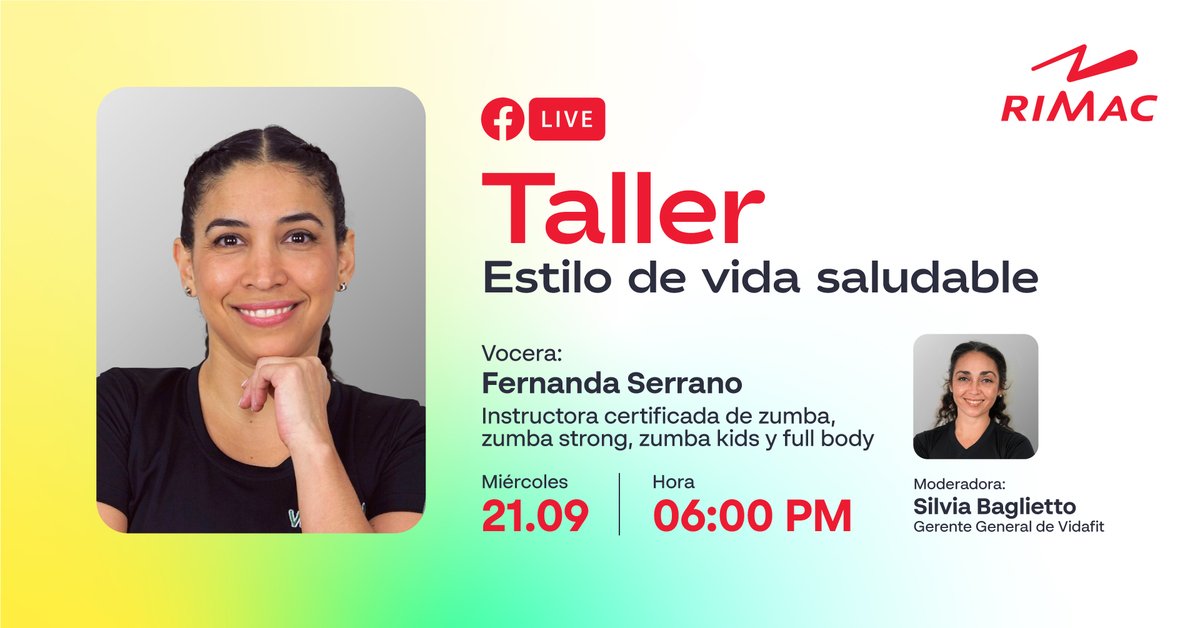 #TallerRIMAC

Descubre cómo llevar un estilo de vida más saludable 🤔

🗓 Miércoles 21 de septiembre.
⏰ 6:00 p.m.  
‍A cargo de: Fernanda Serrano

👉 fb.me/e/1UekY4L5r