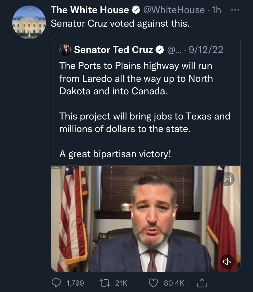 WUTangKids's tweet photo. The White House twitter account just blasted Ted Cruz and it’s glorious https://t.co/qz8Nn5PFLs
