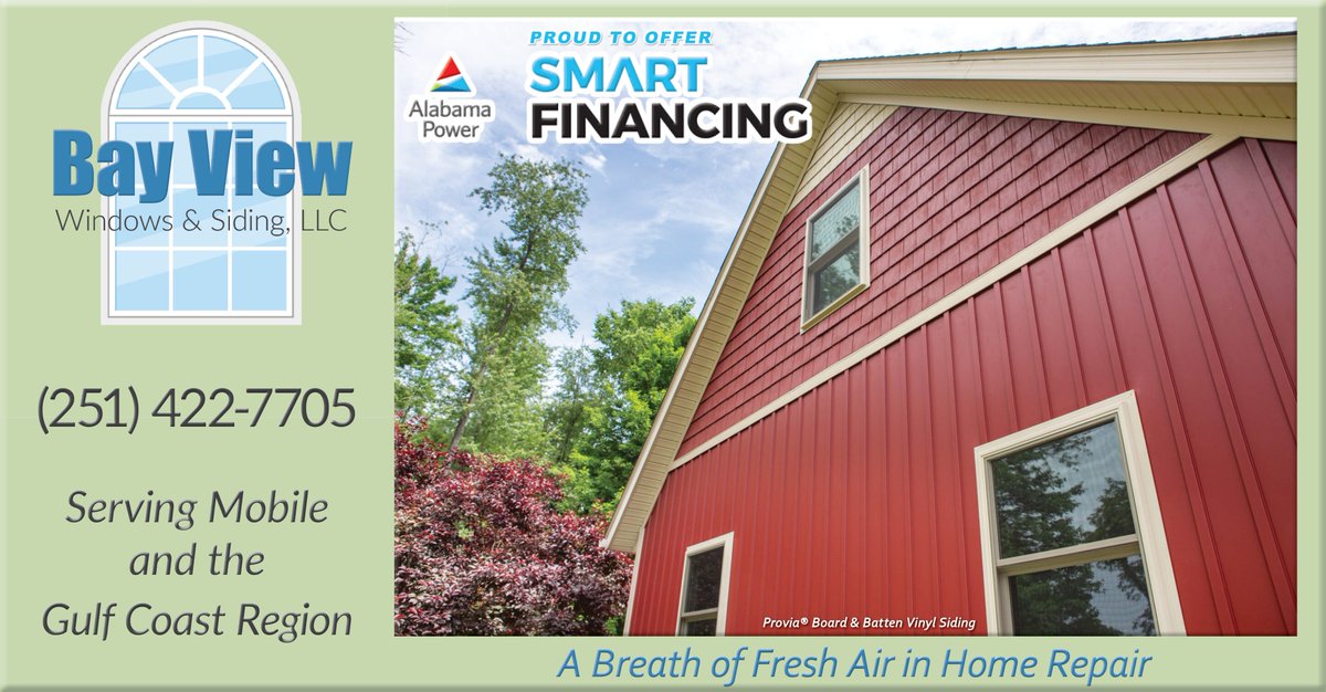 BayViewWS's tweet photo. #BayViewWindows &amp; Siding is Mobile’s choice for premium vinyl siding. We install all styles of #Provia including the rustic board &amp; batten, often paired with horizontal siding, shake siding, or stone for distinctive accents. Schedule your free estimate today at (251) 422-7705. https://t.co/XsRPzqgrjb