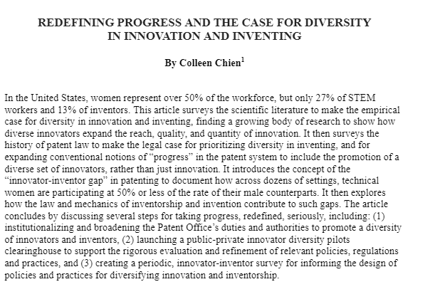 colleen_chien's tweet photo. 1/ My new paper, "Redefining Progress &amp; The Case for Diversity in Innovation," documents systematic gaps in participation in innovation and makes the empirical and legal case for narrowing them as a priority of the patent system.

https://t.co/bvYpYeaNDs https://t.co/2bhIsQleD2