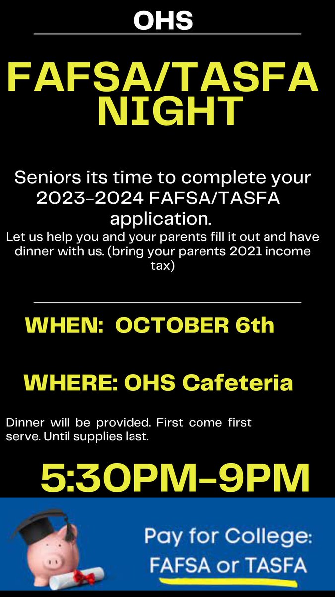 Hey OHS seniors- on October 1st the 2023-2024 FAFSA/TASFA will open. We will be having FAFSA night on October 6th. <a href="/BigRedBronchos/">Odessa High School</a> <a href="/BronchoNews/">OHS Broncho News</a> <a href="/OhsStuco/">OHS StuCo❤️🤍</a> <a href="/trammelltime/">Emilee Trammell</a> <a href="/ECISDCounselors/">ECISD Counselors</a> <a href="/AGarciaECISD/">Anthony Garcia</a>