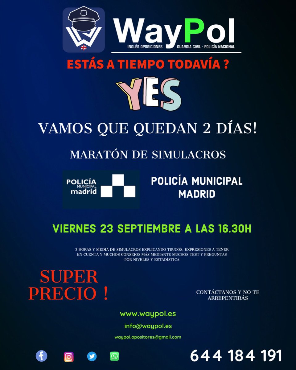 QUE SI! QUE SI! QUE ESTÀS A TIEMPO DE PONERLE REMEDIO Y CONSEGUIR TU PLAZA.
CONTÁCTANOS, TU SUEÑO NO MERECE MENOS. 🇬🇧👮‍♀️🇬🇧 VAMOS A TOPE! SUPER MARATÓN!!!!#policiamunicipaldemadrid