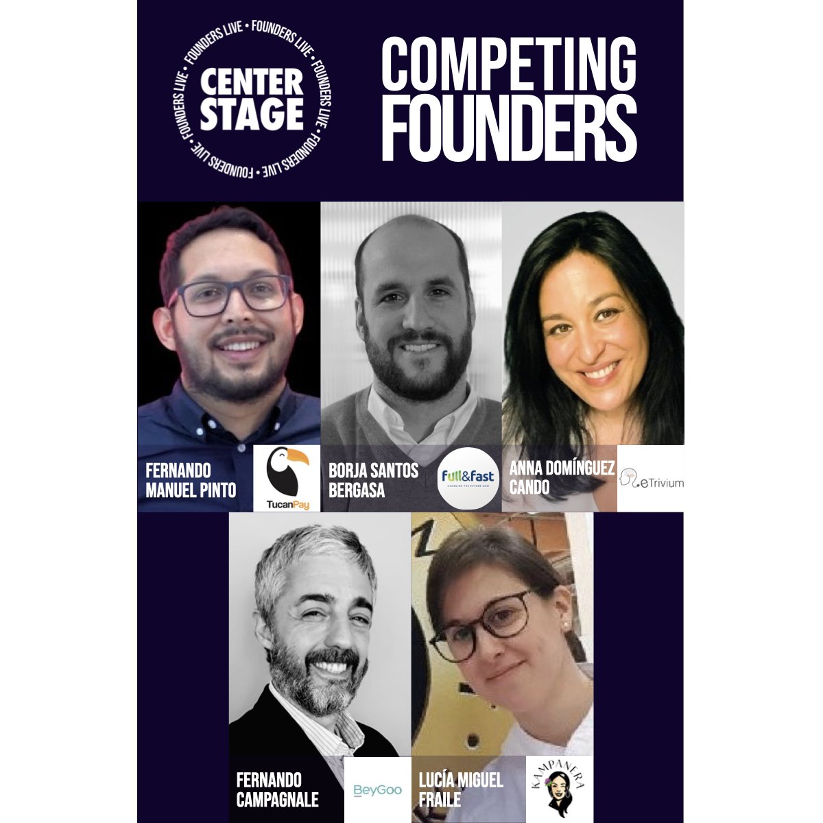 founders_live's tweet photo. Our five competing #founders for Thursday’s Center Stage pregame show and #pitchcompetition where YOUR VOTE determines the winner!
Welcome:
TucanPay
@FullFastSpain
eTrivium
@BeyGooApp
Kampanera Kombucha
Stream LIVE from Madrid at 18:00 CEST / 16:00 UTC: https://t.co/3LIk6sUWjN https://t.co/5R10XGKW93