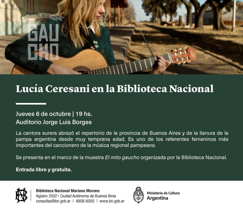 Hola! Acá estoy de vuelta para hacerles una invitación super especial, el jueves 6 de octubre a las 19 hs estaremos cantando y presentando algunas canciones nuevas en la Biblioteca Nacional
Agüero 2502 CABA
En el marco de la muestra “El mito gaucho”
Entrada libre y gratuita!!!
❤️