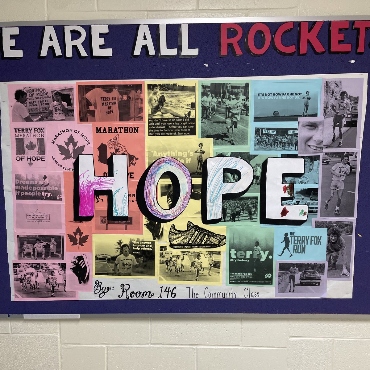OurRoom146's tweet photo. We are ready for the @RossDoan Terry Fox Run tomorrow! Check out our beautiful collage mural we created together, honouring #TerryFox and his #MarathonOfHope https://t.co/d957zs7HL7