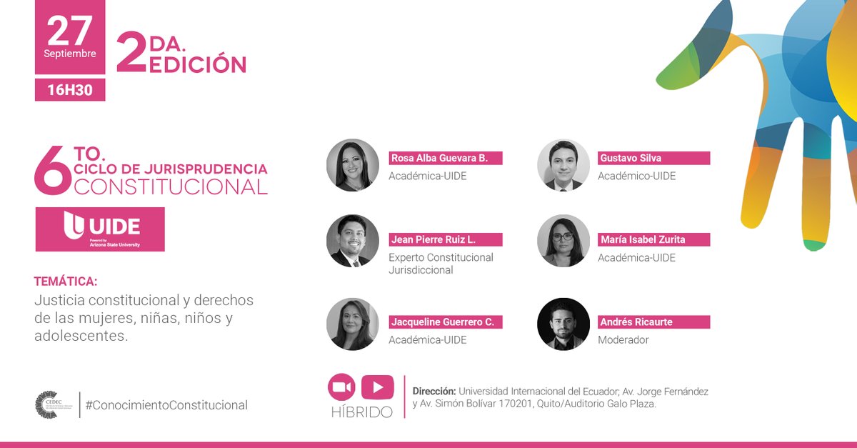 🟦INFÓRMATE | Este 27 de septiembre se realizará el 6to. ciclo de jurisprudencia organizado junto a la <a href="/UIDE/">UIDE</a>.

🗣️Justicia constitucional y derechos mujeres, niñas, niños y adolescentes
⏰16h30
💻Regístrate: bit.ly/3R1Z5N5

¡Te esperamos!
#ConstriumosDiálogoConstitucional