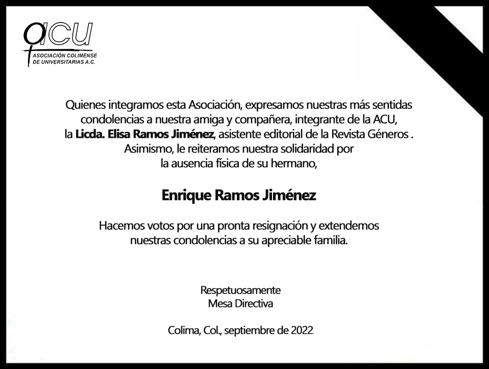 acu_colima's tweet photo. Quienes integramos la ACU, expresamos nuestras más sentidas condolencias a nuestra amiga y compañera, integrante de la ACU, la Licda. Elisa Ramos Jiménez, a quien le reiteramos nuestra solidaridad por la ausencia física de su hermano. Hacemos votos por una pronta resignación. https://t.co/jsr5jIG6iZ