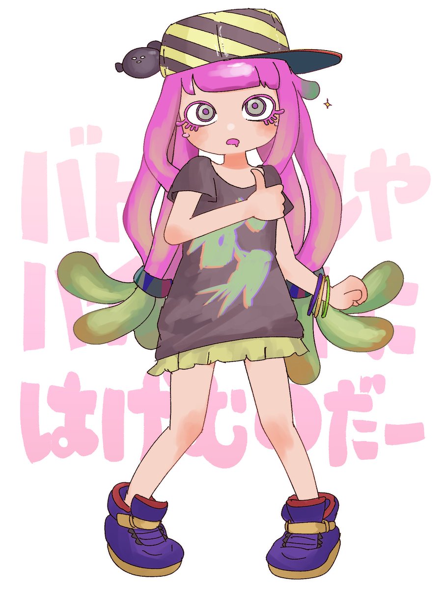 1girl skirt hat pink hair drooling shirt green hair  illustration images