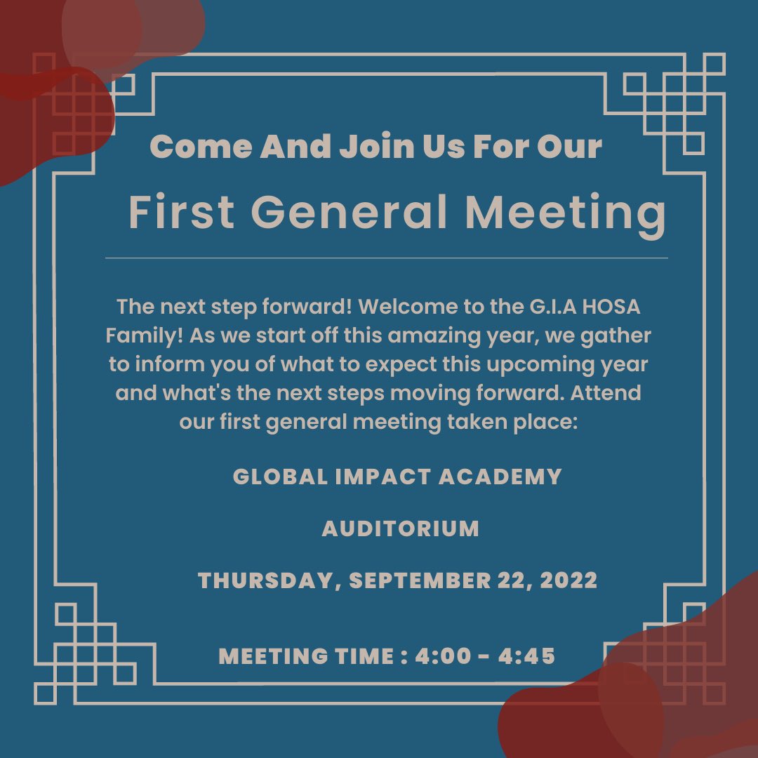 HOSA Meeting tomorrow! Make sure you have paid your membership! We will be talking our HOSA year, Fall Rally, &amp; FLC. Come join us! <a href="/GlobalImpactAc1/">Global Impact Academy</a> <a href="/gia_studentgov/">GIA Student Government Association</a> <a href="/ImpactTsa/">Global Impact Academy TSA</a>
