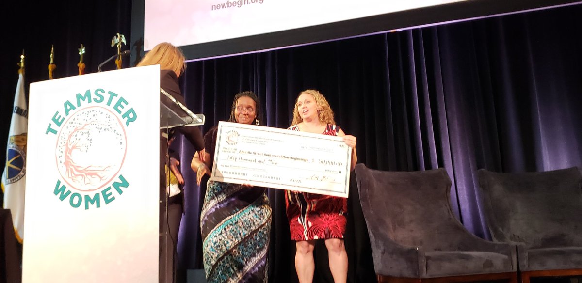 Teamsters's tweet photo. Now: Ashley Alvarado, #Teamsters Women's Conference Director &amp; Pres. of Local 856, presents check for $50,000 from the #Teamsters to @AtlanticSt1910 and New Beginnings, 2 Seattle-based organizations advocating on behalf of women who have suffered from domestic violence. #1u ✊♀️ https://t.co/WHNZbcyrTE