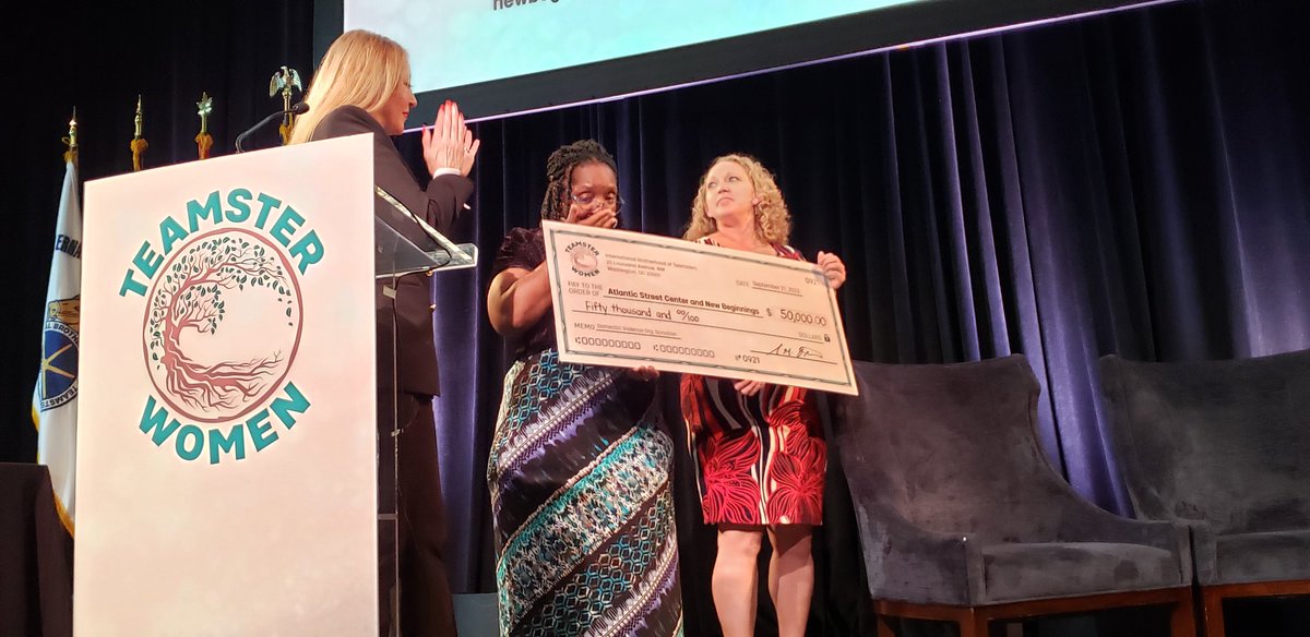 Teamsters's tweet photo. Now: Ashley Alvarado, #Teamsters Women's Conference Director &amp; Pres. of Local 856, presents check for $50,000 from the #Teamsters to @AtlanticSt1910 and New Beginnings, 2 Seattle-based organizations advocating on behalf of women who have suffered from domestic violence. #1u ✊♀️ https://t.co/WHNZbcyrTE