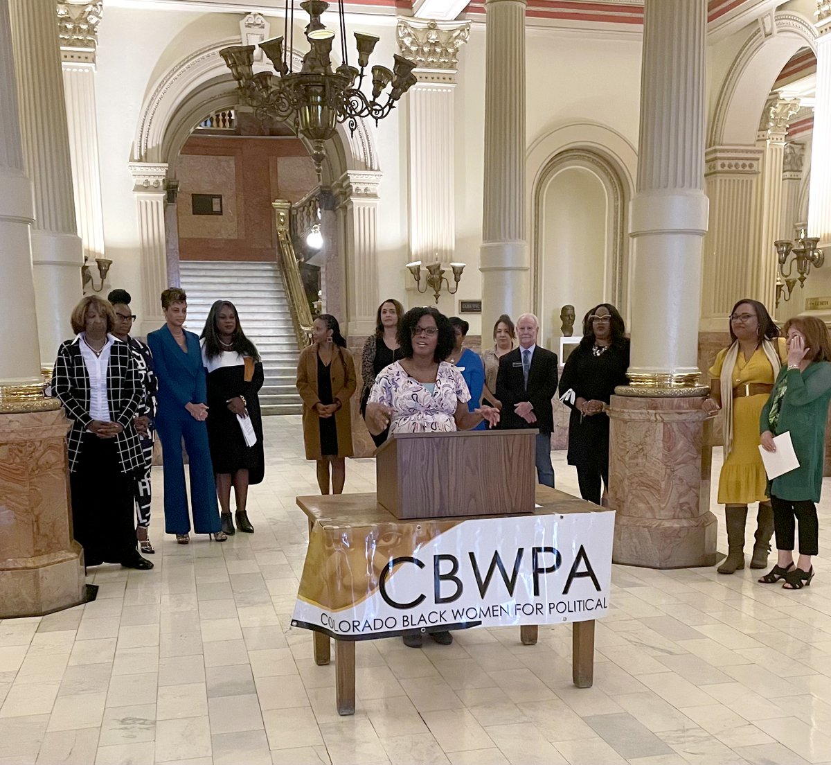ACLUofColorado's tweet photo. Earlier today, we joined @CBWPA, @ProgressNowCO, and other advocates and elected officials to honor Black Women's Equal Pay Day.

"Black women are disproportionately represented in lower-paying and less powerful jobs," said @EricaMarie1988. https://t.co/dfcQcbrhYC