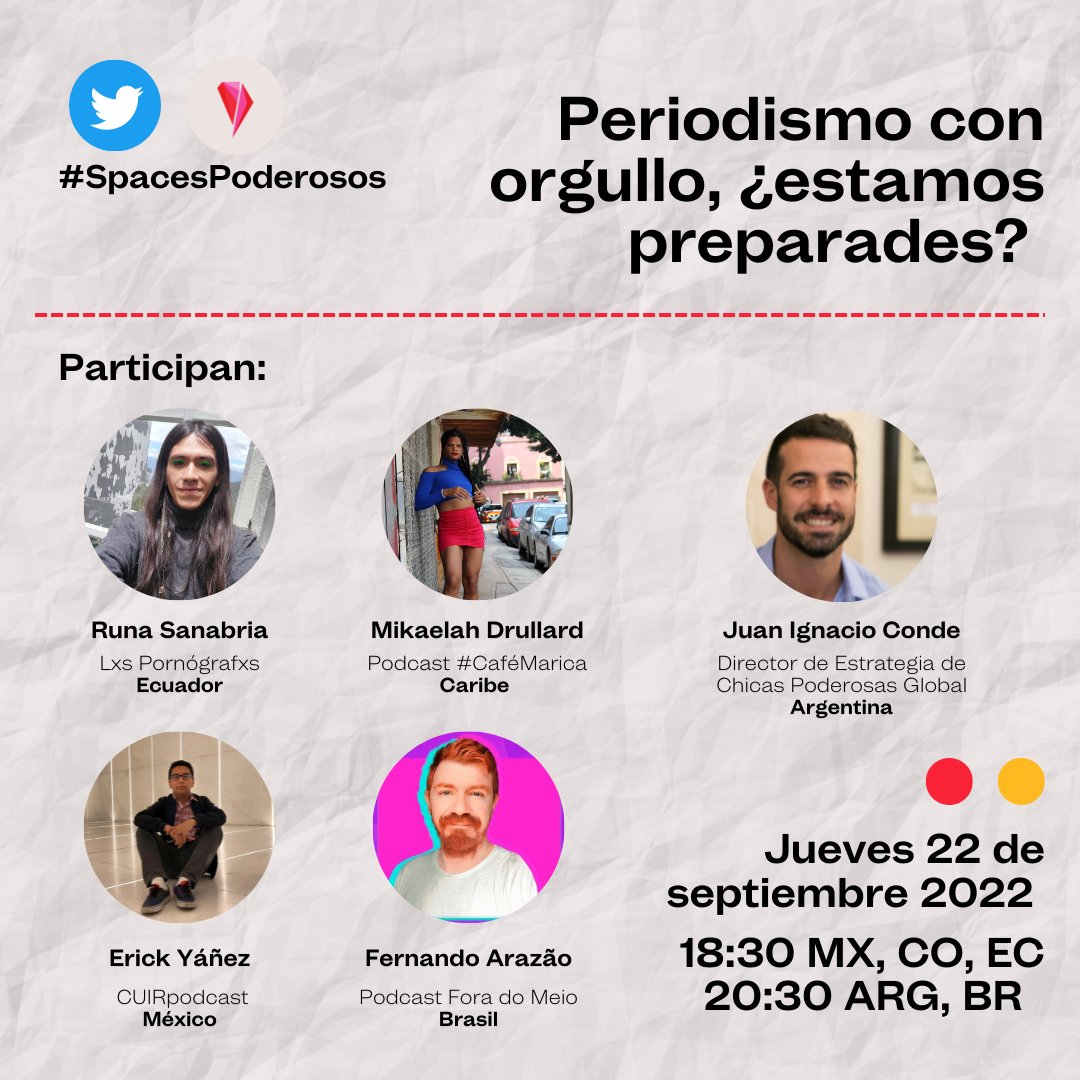 poderosaschicas's tweet photo. ¡Es mañana! 📣 #SpacesPoderosos | Periodismo con orgullo, ¿estamos preparades? 🏳️🌈🎙
Charla sobre podcast LGBTTQI+ con:
🔹 @runasanabriap 🇪🇨
🔹 @MikaelaDrullard
🔹 @Pateerick de @CUIRPodcast 🇲🇽
🔹 @fernandoarazao de @foradomeiopod 🇧🇷
🔹 @juaniconde 🇦🇷
https://t.co/siPmT02JQI https://t.co/5R0DpN0qB9