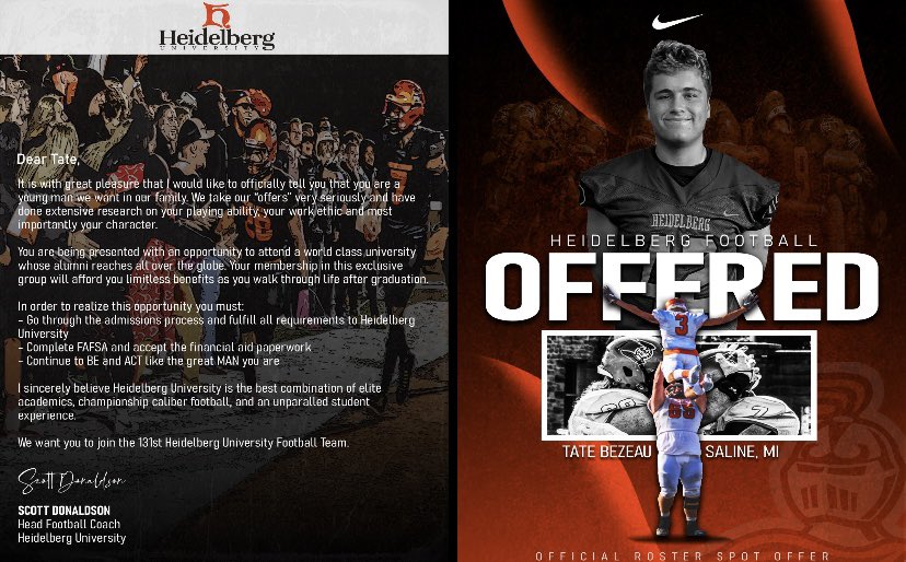 BezeauTate's tweet photo. I am extremely excited to announce that I have received my first offer to play football @BergFootball! Thank you to @Coach_Donaldson and @CoachAvila50! @SalineFootball @SalineAthletics https://t.co/5ue55VwQVS