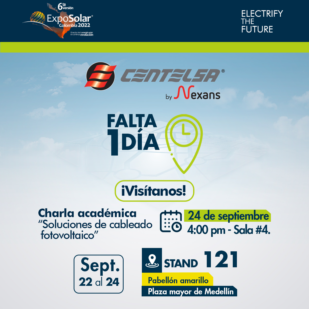 Centelsa Colombia (@centelsacables) on Twitter photo Solo falta 1 día para <a href="/ExposolarCol/">ExpoSolarColombia</a> la feria de energía solar fotovoltaica, eficiencia energética y movilidad eléctrica más grande de Colombia y Latinoamérica.
Prográmate para nuestra charla académica “Soluciones de cableado fotovoltaico”
24 de septiembre
4 pm, sala #4. Solo falta 1 día para <a href="/ExposolarCol/">ExpoSolarColombia</a> la feria de energía solar fotovoltaica, eficiencia energética y movilidad eléctrica más grande de Colombia y Latinoamérica.
Prográmate para nuestra charla académica “Soluciones de cableado fotovoltaico”
24 de septiembre
4 pm, sala #4.