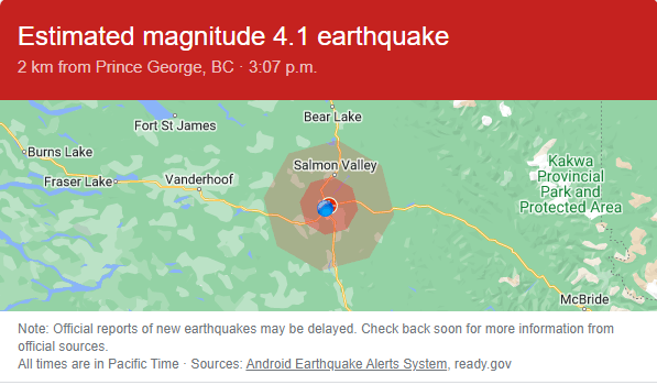 CadenFanshaw's tweet photo. Uncomfirmed reports now of a 4.1 earthquake in #CityofPG.

Details to come, that was a pretty wild shake sustained in Prince George throughout the city. @ckpgnews https://t.co/W3LtiI0OOP
