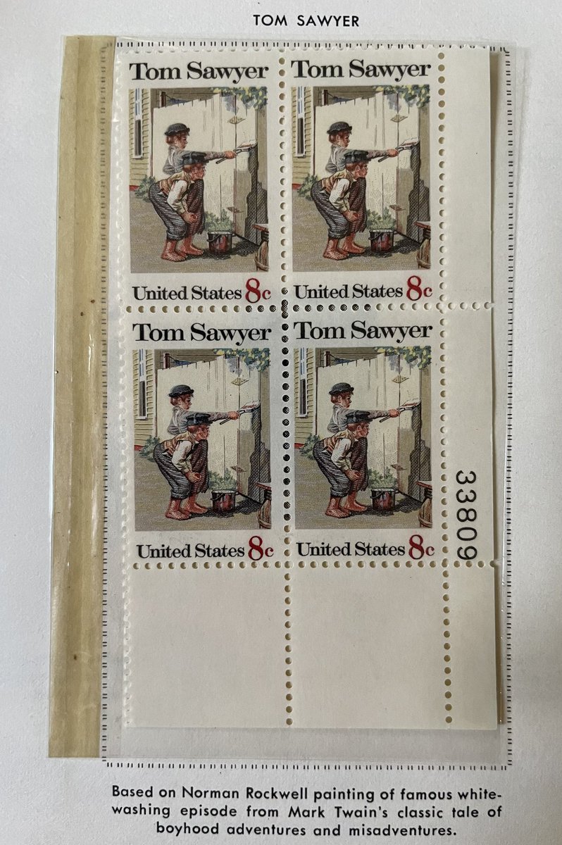 kjmr97FM's tweet photo. #usstamps from 1972. #usps #plateblock of four 8-cent #tomsawyer #stamps “Based on #normanrockwell painting of famous white-washing episode from the #marktwain classic tale of boyhood adventures and misadventures.” https://t.co/5kDKMHzBHw