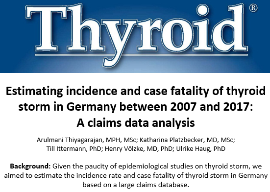 thyroidjournal's tweet photo. A study by @TArulmani et al. What is the incidence & fatality of #ThyroidStorm in #Germany using #GePaRD claims database, now in #ThyroidJournal
https://t.co/bgre8RampS
@AmThyroidAssn #AmericanThyroidAssociation #ATAthyroid2022 #medtwitter #endotwitter https://t.co/JfcQeFBSlF