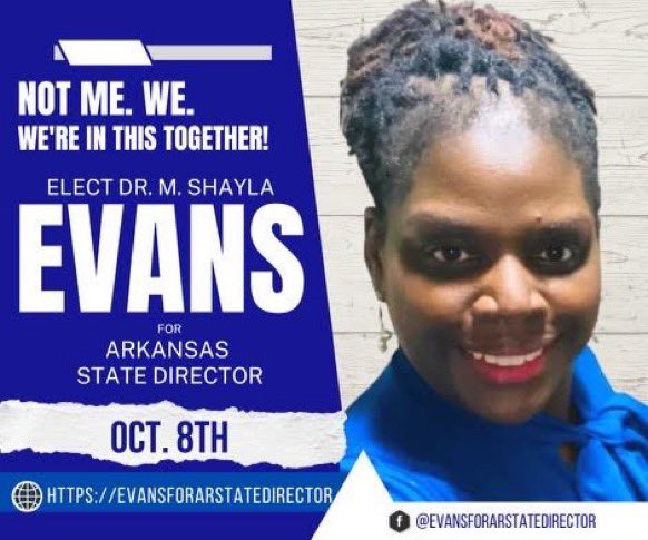 Join us by voting Soror M. Shayla Evans for Arkansas State Director! Voting begins on October 8th, 2022 9am-10am. 
#NotMe. #We. #We’reInThisTogether!

HTTPS://EVANSFORARDTATEDIRECTOR