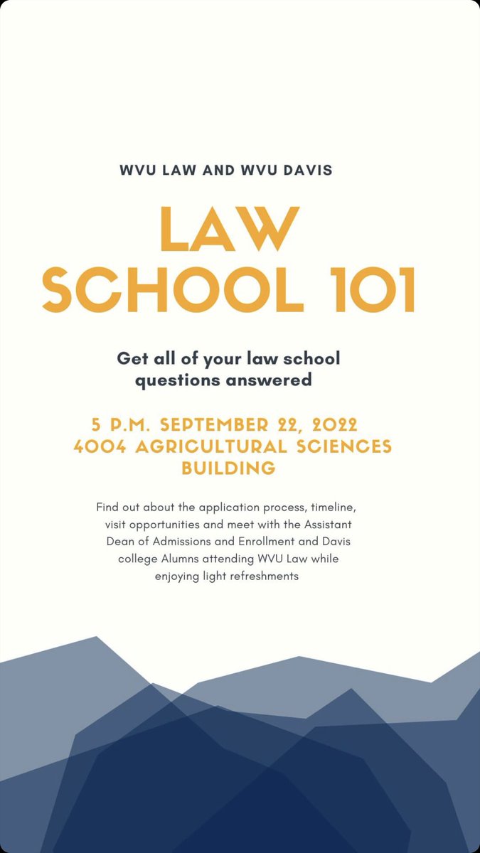 Tomorrow evening, members of our admissions team &amp; alumni will be at <a href="/wvudavis/">WVU Davis College</a> to talk about law school ⚖️ &amp; our 3+3 program. Don’t worry: Assist. Dean Slater promises to be done by game time! #ApplyWVULaw #BeatVirginiaTech