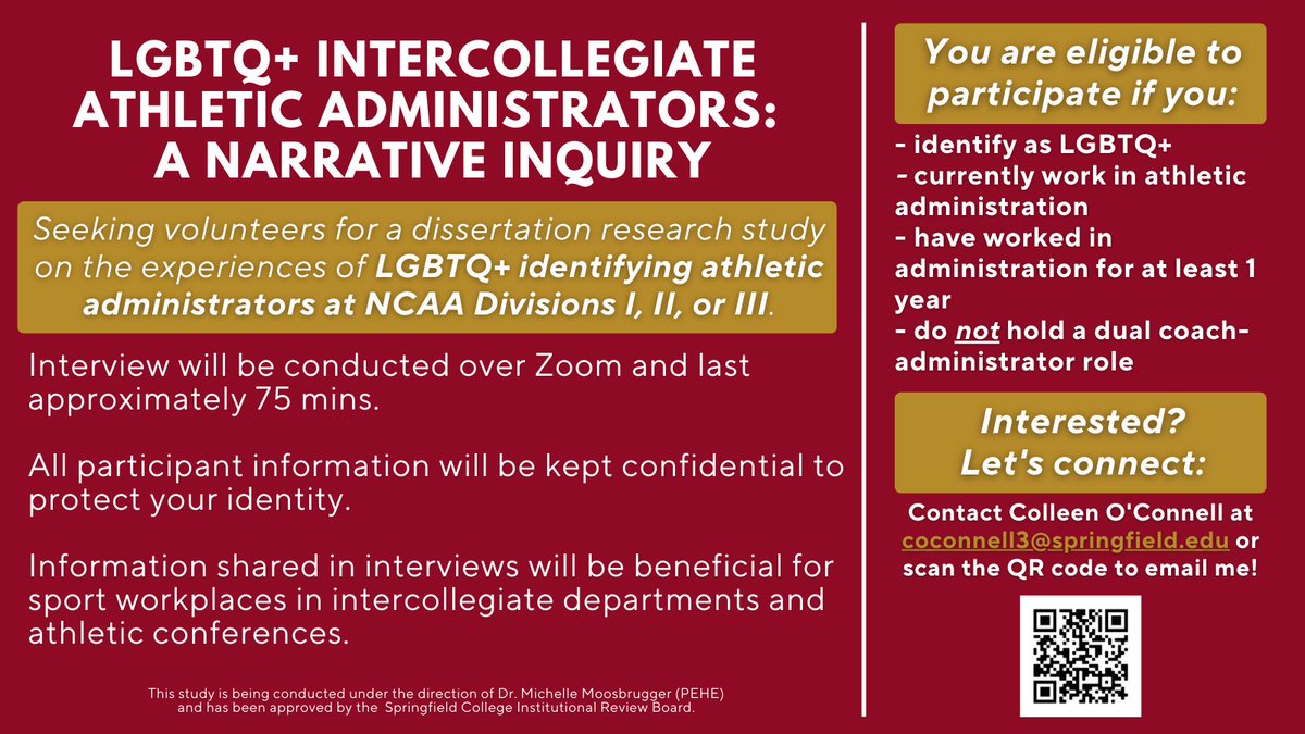 Colleen O'Connell (@colleen_oc) on Twitter photo CALL FOR PARTICIPANTS!
Excited to get started on my dissertation research, which examines the experiences of LGBTQ+ college athletic administrators.
Send me a DM or an email at coconnell3@springfield.edu for more information!
Or, retweet and share within your networks! CALL FOR PARTICIPANTS!
Excited to get started on my dissertation research, which examines the experiences of LGBTQ+ college athletic administrators.
Send me a DM or an email at coconnell3@springfield.edu for more information!
Or, retweet and share within your networks!