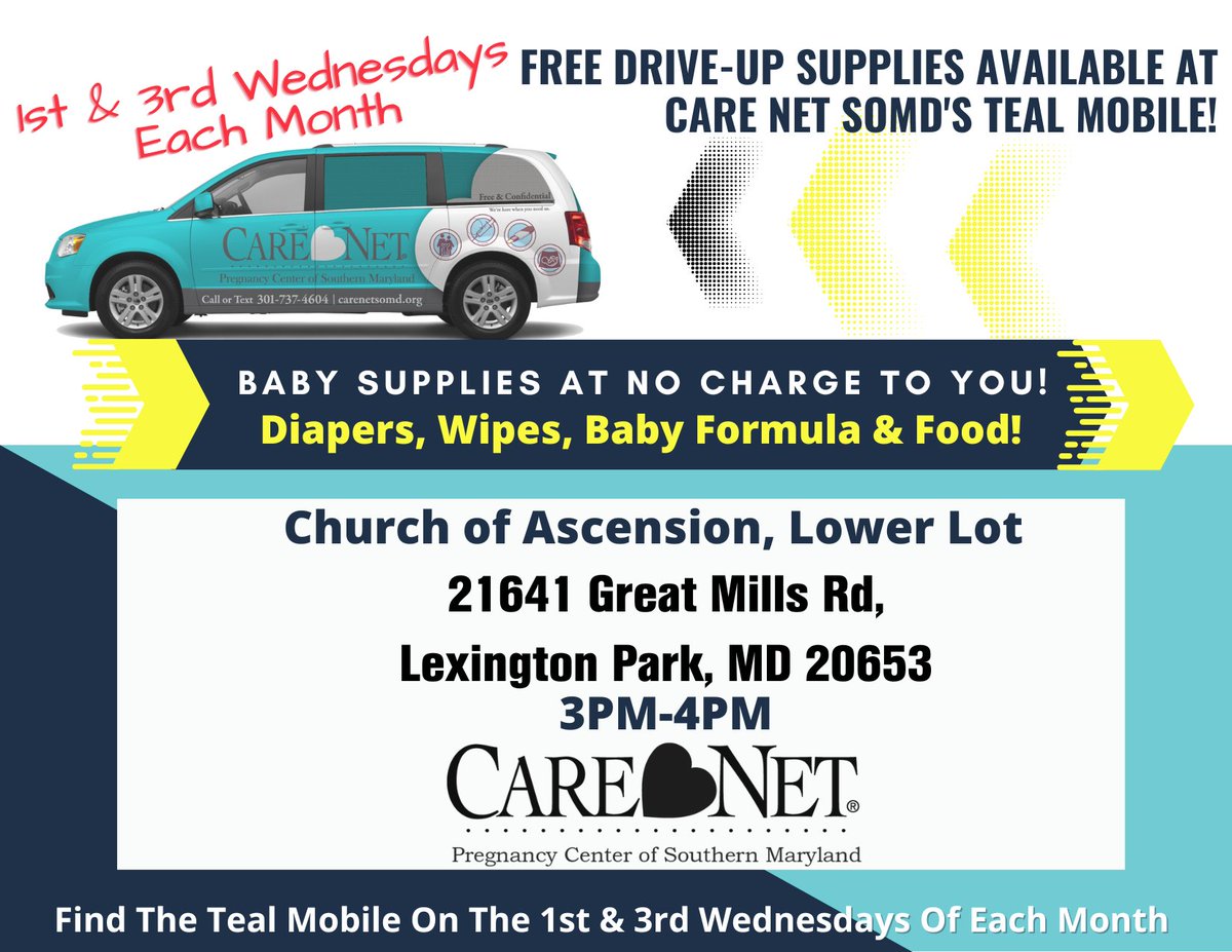 CareNetSOMD's tweet photo. Find the #TealMobile THIS AFTERNOON at The Church Of Ascension in Lexington Park from 3-4 pm!

Come get diapers, wipes, baby food and formula all at no charge to you!

#ThisIsCareNetSoMD #WeAreHereForYou #ThisISWhatWeDo #YouAreWhyWeDoIt #YouAreNotAlone https://t.co/HwiT31g9kx