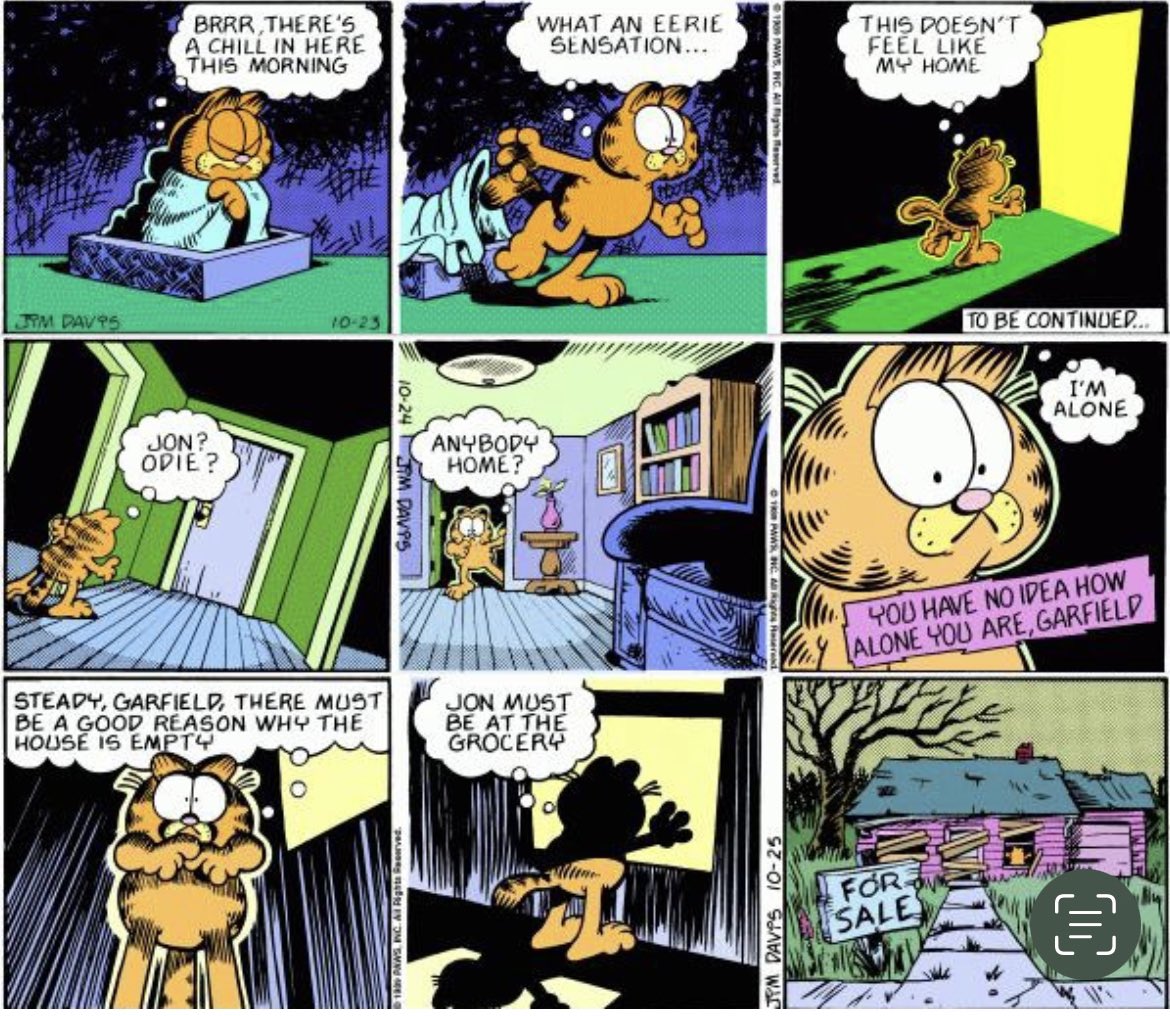 Lyra, Esq., is NOT DAREDEVIL on Twitter: "Periodic reminder that in 1989  Garfield canonically woke up to find he was a starving cat in an abandoned  house, his life with John and
