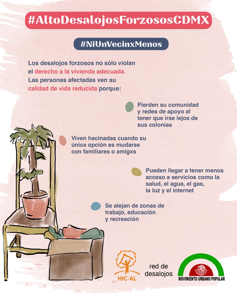 HIC_AL's tweet photo. 📢 | Si un día, a ti o a mí nos pasa ser desalojadxs forzosamente, podríamos quedarnos en un estado de vulnerabilidad muy alto al tener que mudarnos lejos de nuestras colonias por los altos precios de los alquileres en las centralidades. (1/2) https://t.co/8aSnFmaTPS