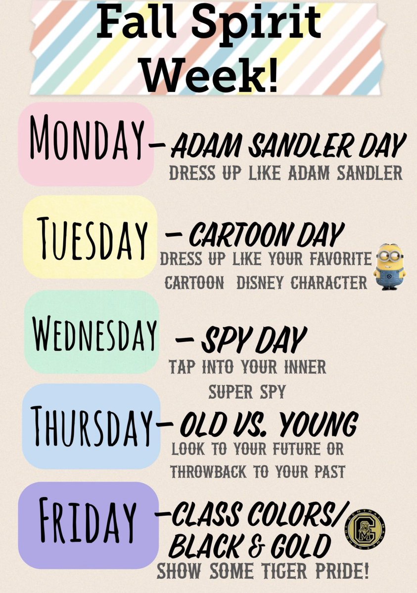 Next week is Fall Spirit Week! Check out the dress up days for High School and Middle School! #greatdaytobeatiger