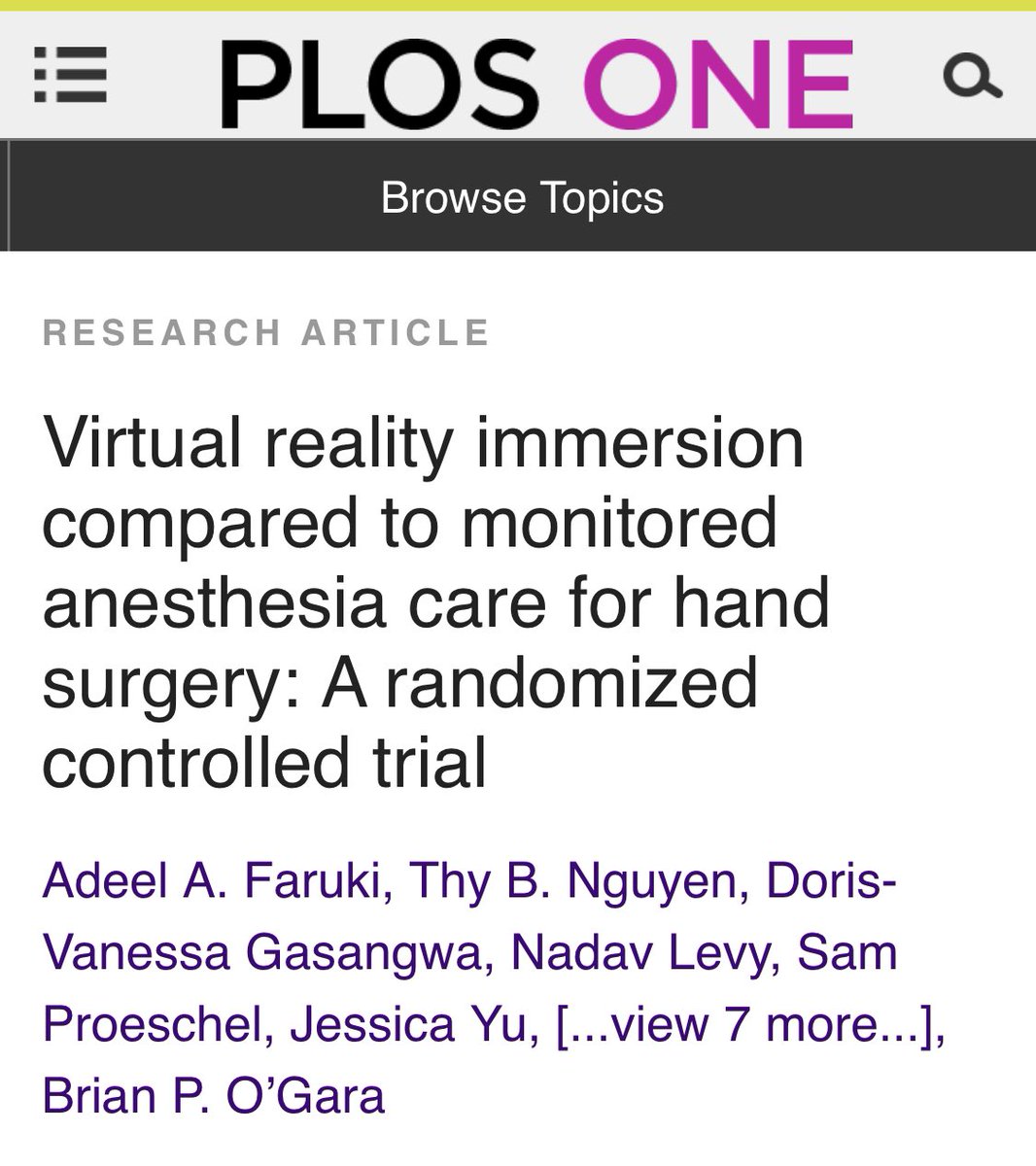 Thrilled to share that the manuscript from our trial of VR during hand surgery has been published! Grateful for the support of my coauthors and the BIDMC Center for Anesthesia Research Excellence. @BIDMCAnesthesia journals.plos.org/plosone/articl…