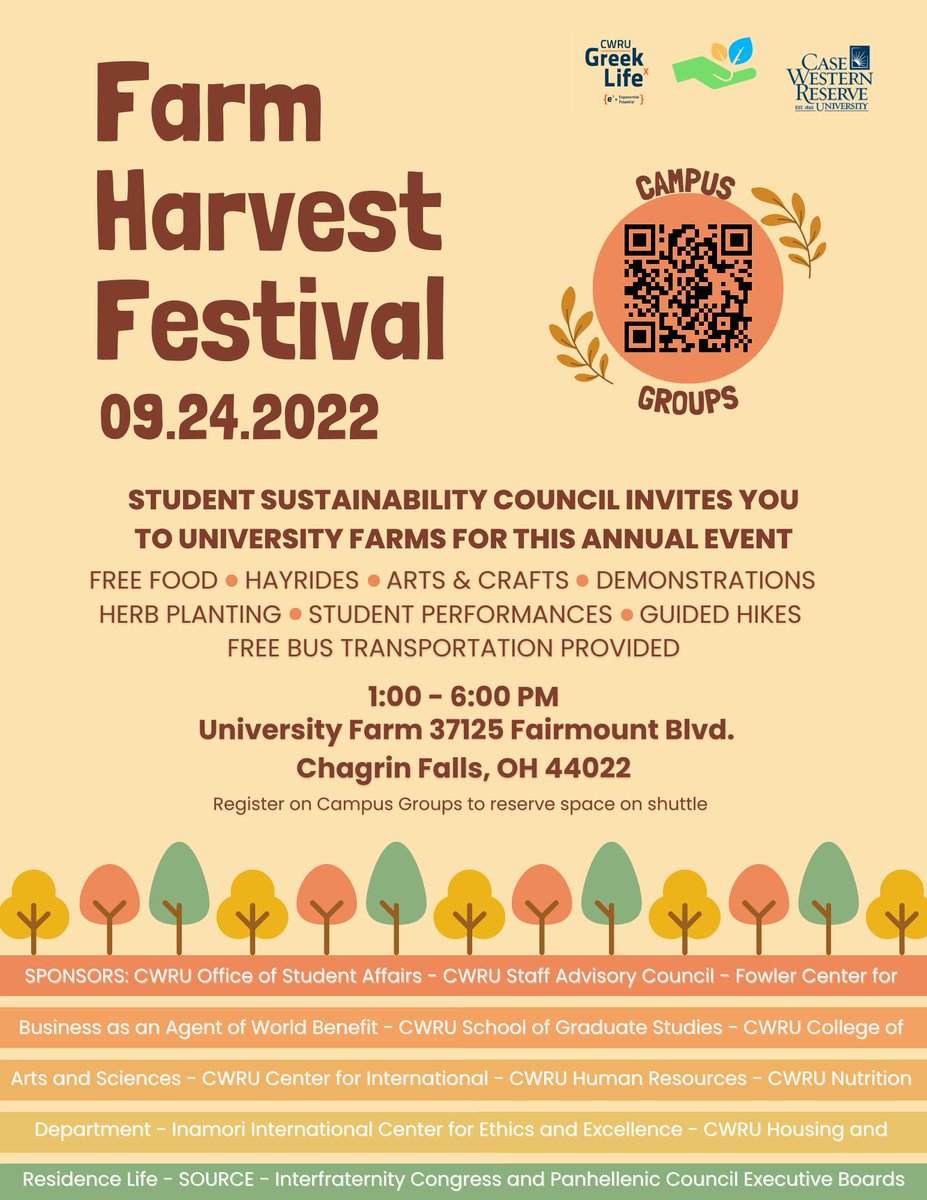 MandelSchool's tweet photo. All members of the #CWRU community are invited to the annual Fall Harvest Festival on Saturday, Sept. 24, from 1 to 6 p.m., at the #UniversityFarm in Hunting Valley. Learn about sustainability, explore the farm and partake in some fun activities! #FHF https://t.co/xWxkJBL1Z3 https://t.co/6Rw9MkK9VX