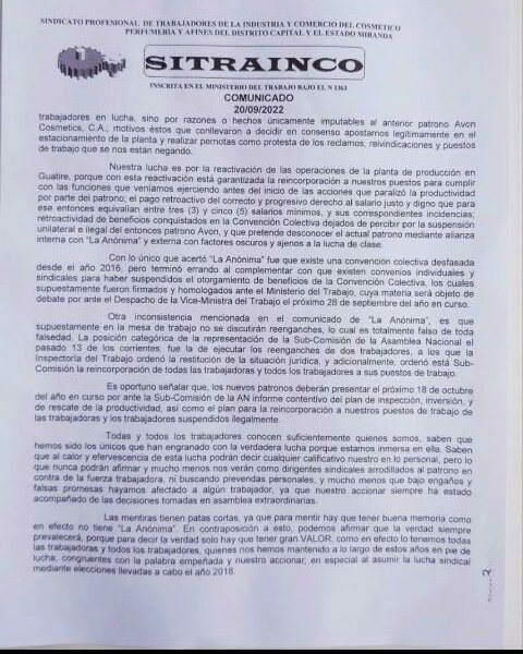 2020Sitrainco's tweet photo. Comunicado de Sitrainco a los trabajadores d Avon/Venovu q estamos luchando x la reinvindicación d nuestros derechos laborales y humanos La lucha continúa... https://t.co/1kxYKkueVe