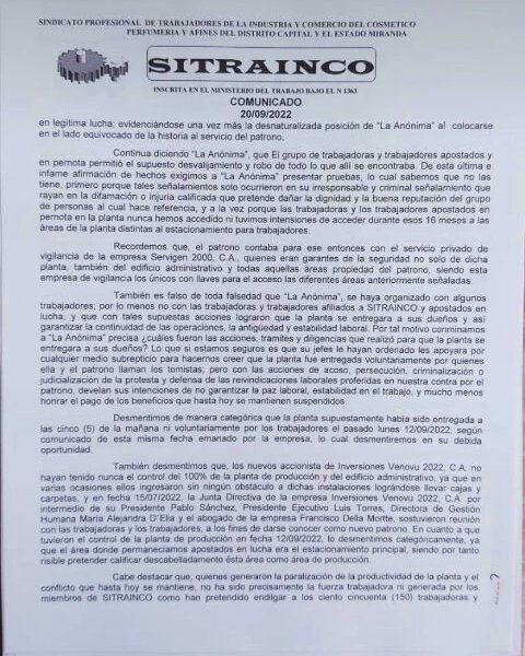 2020Sitrainco's tweet photo. Comunicado de Sitrainco a los trabajadores d Avon/Venovu q estamos luchando x la reinvindicación d nuestros derechos laborales y humanos La lucha continúa... https://t.co/1kxYKkueVe