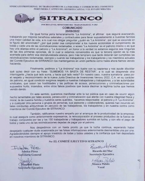 2020Sitrainco's tweet photo. Comunicado de Sitrainco a los trabajadores d Avon/Venovu q estamos luchando x la reinvindicación d nuestros derechos laborales y humanos La lucha continúa... https://t.co/1kxYKkueVe