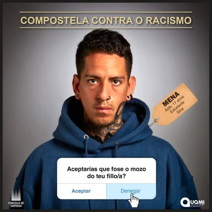 Miss_Bennet5's tweet photo. Esto es la campaña del Ayuntamiento de Santiago de Compostela contra el racismo.
Queridos responsables de Comunicación: el efecto que habéis logrado es justo el contrario. Nadie, en su sano juicio, querría a ese tío para su hija. Enhorabuena, genios. https://t.co/OjsSKzDHT5